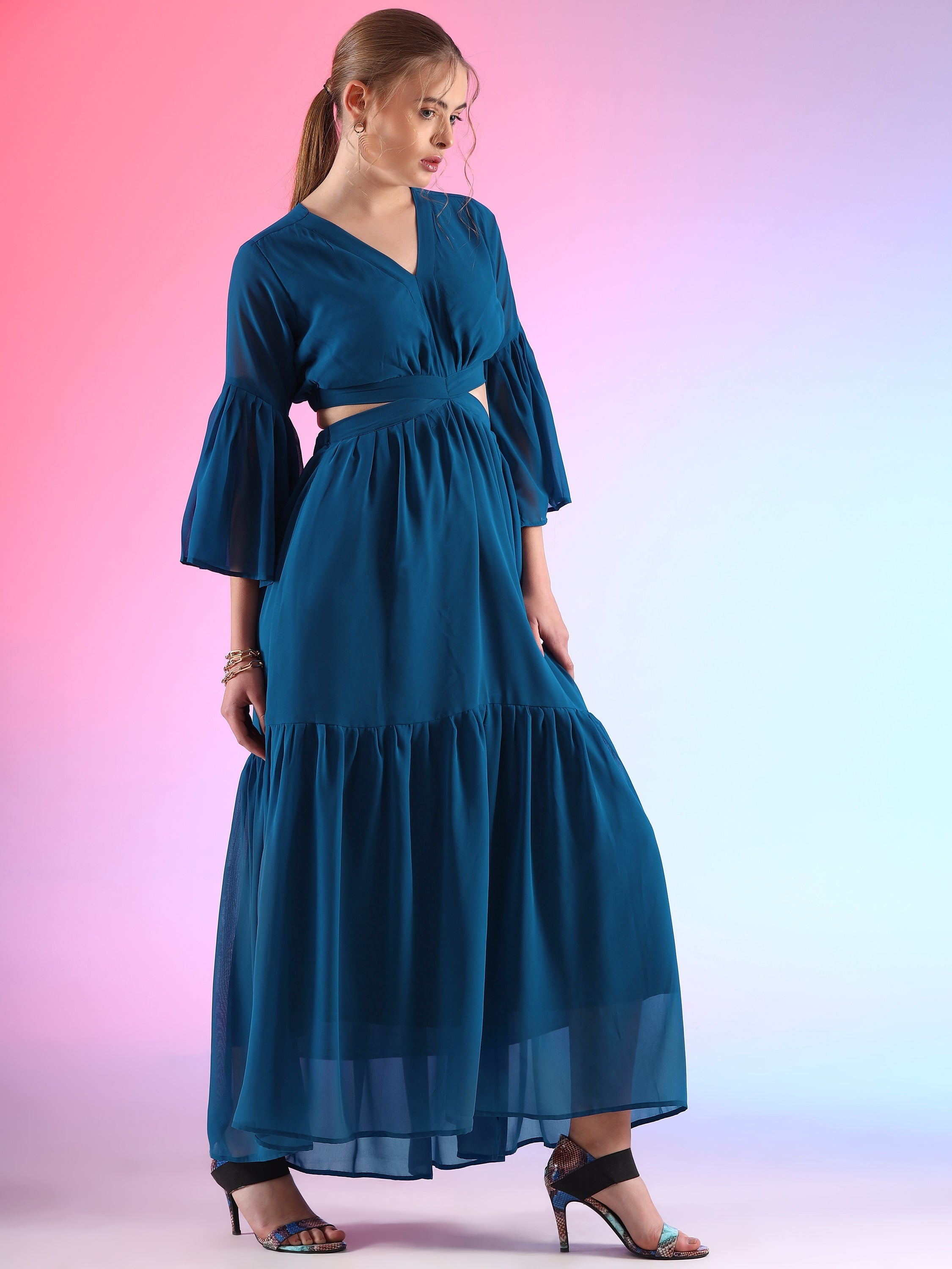 Trendset Solid Georgette Fit and Flare Waist Cut out Maxi Dress 10