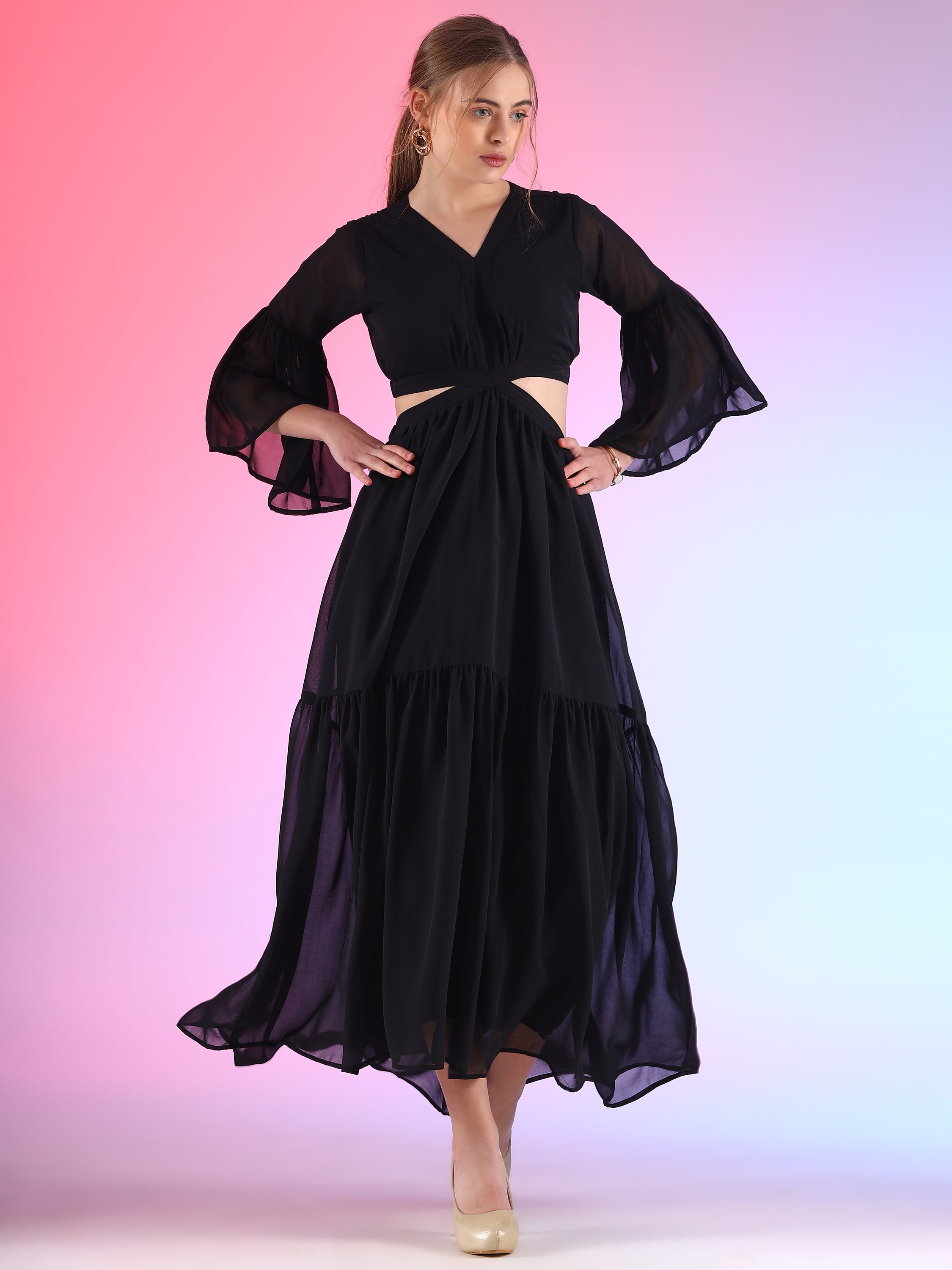 Trendset Solid Georgette Fit and Flare Waist Cut out Maxi Dress 2