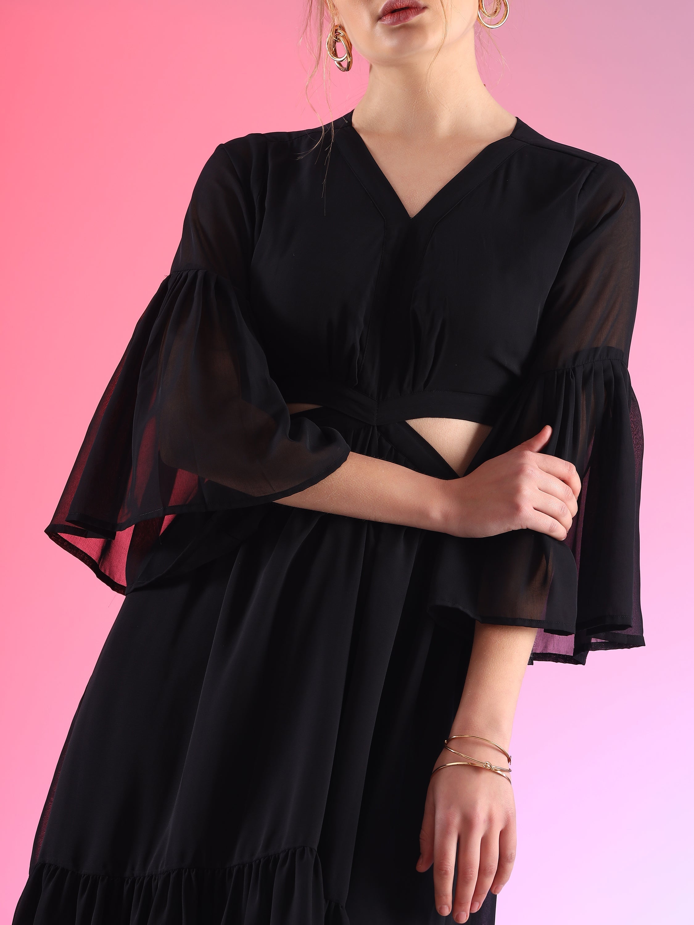 Trendset Solid Georgette Fit and Flare Waist Cut out Maxi Dress 5