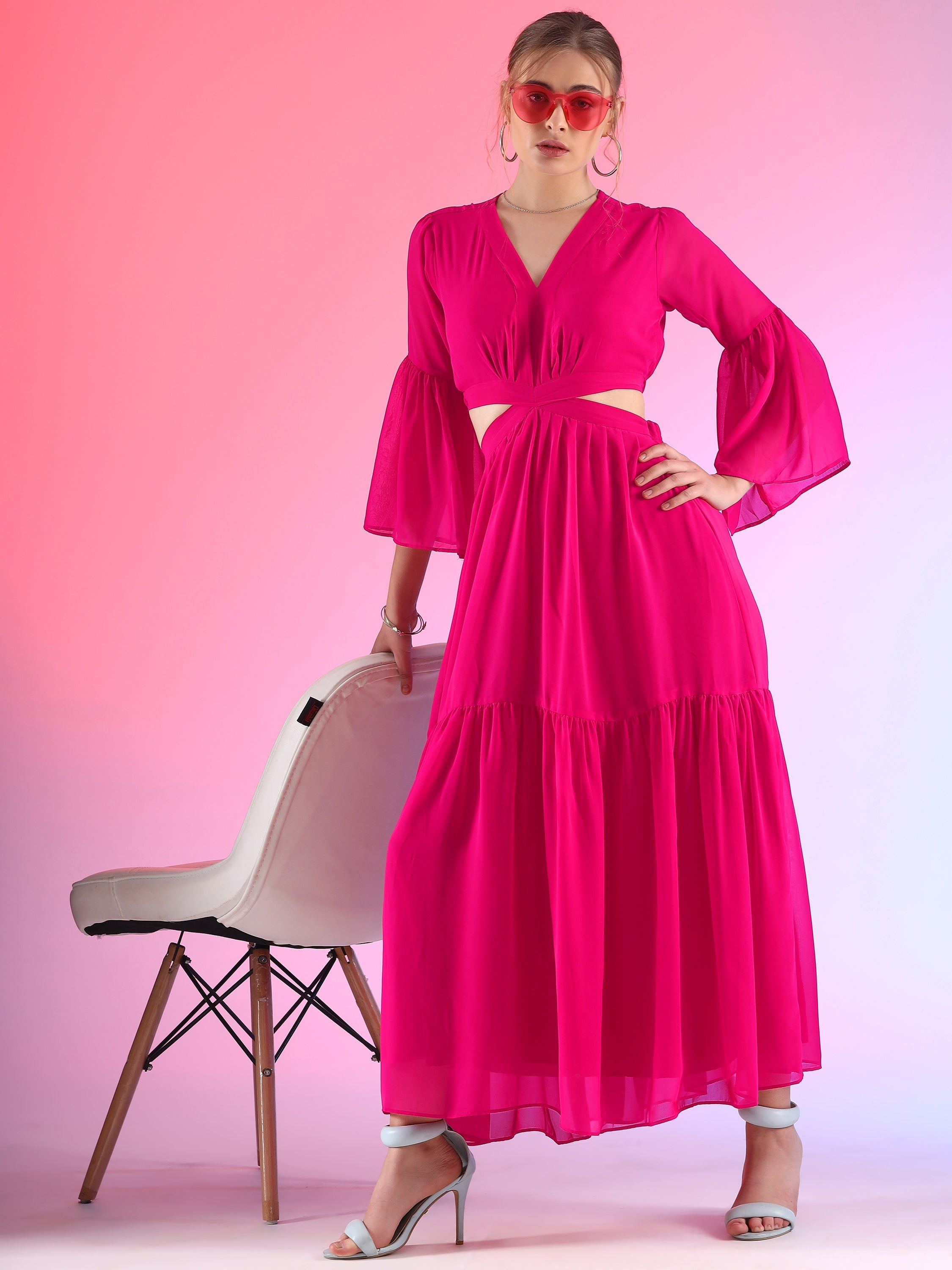 Trendset Solid Georgette Fit and Flare Waist Cut out Maxi Dress 7