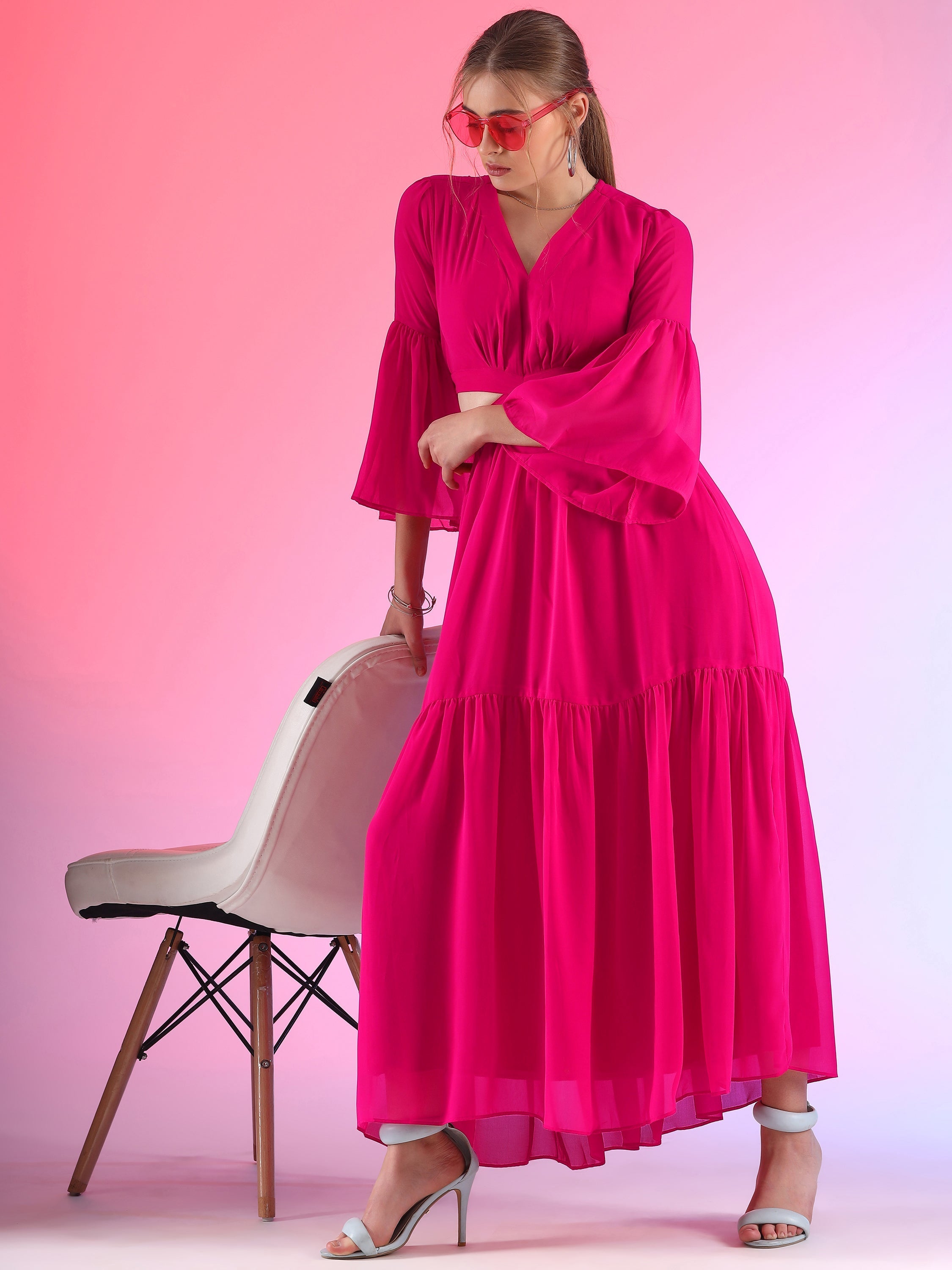 Trendset Solid Georgette Fit and Flare Waist Cut out Maxi Dress 8