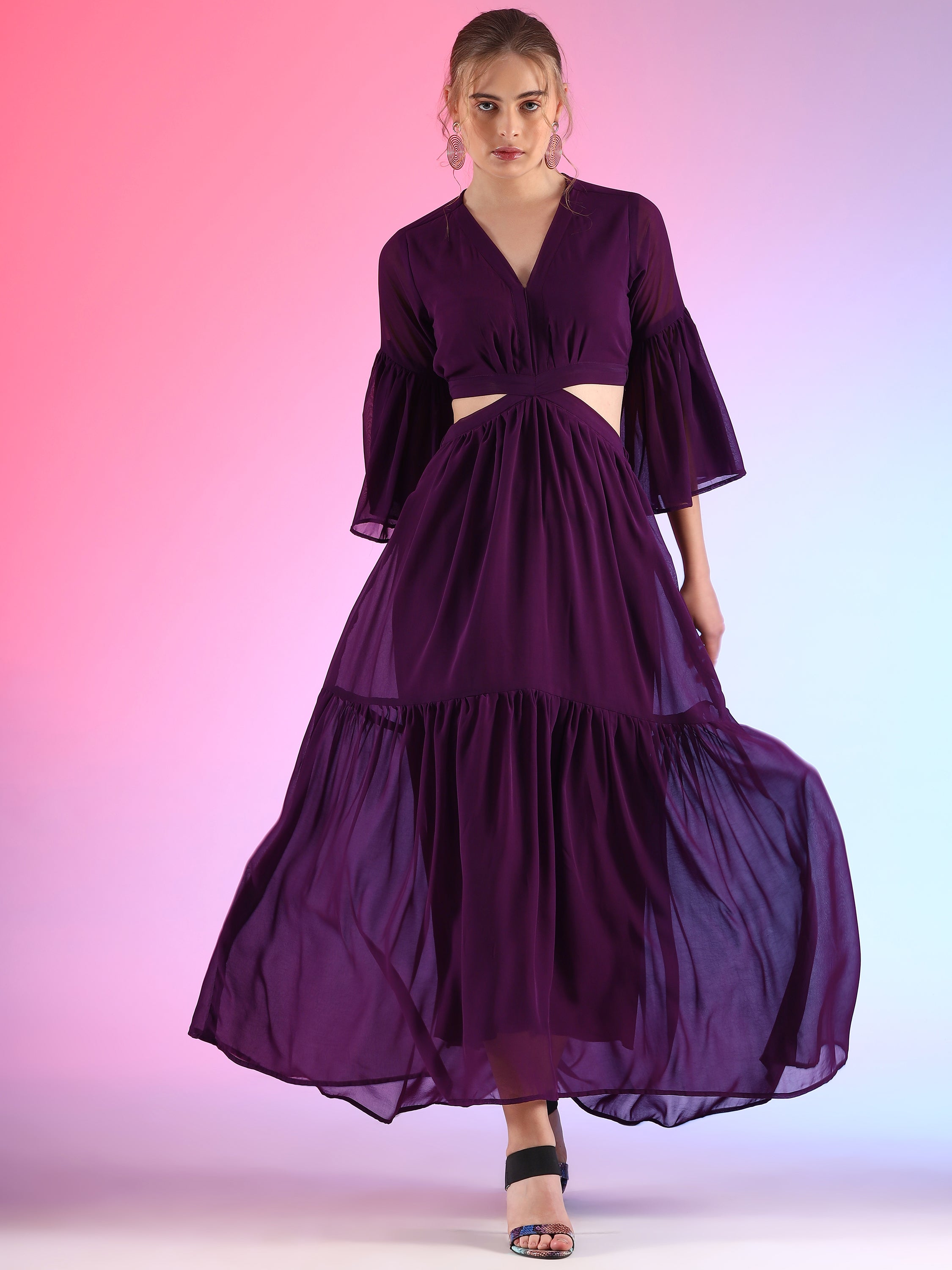 Trendset Solid Georgette Fit and Flare Waist Cut out Maxi Dress 9