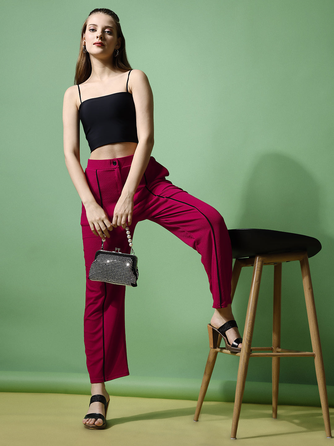 Women's Trousers Pink Black Stripes Polycotton Regular Fit Ankle Length - 1