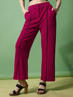Women's Trousers Pink Black Stripes Polycotton Regular Fit Ankle Length - 3