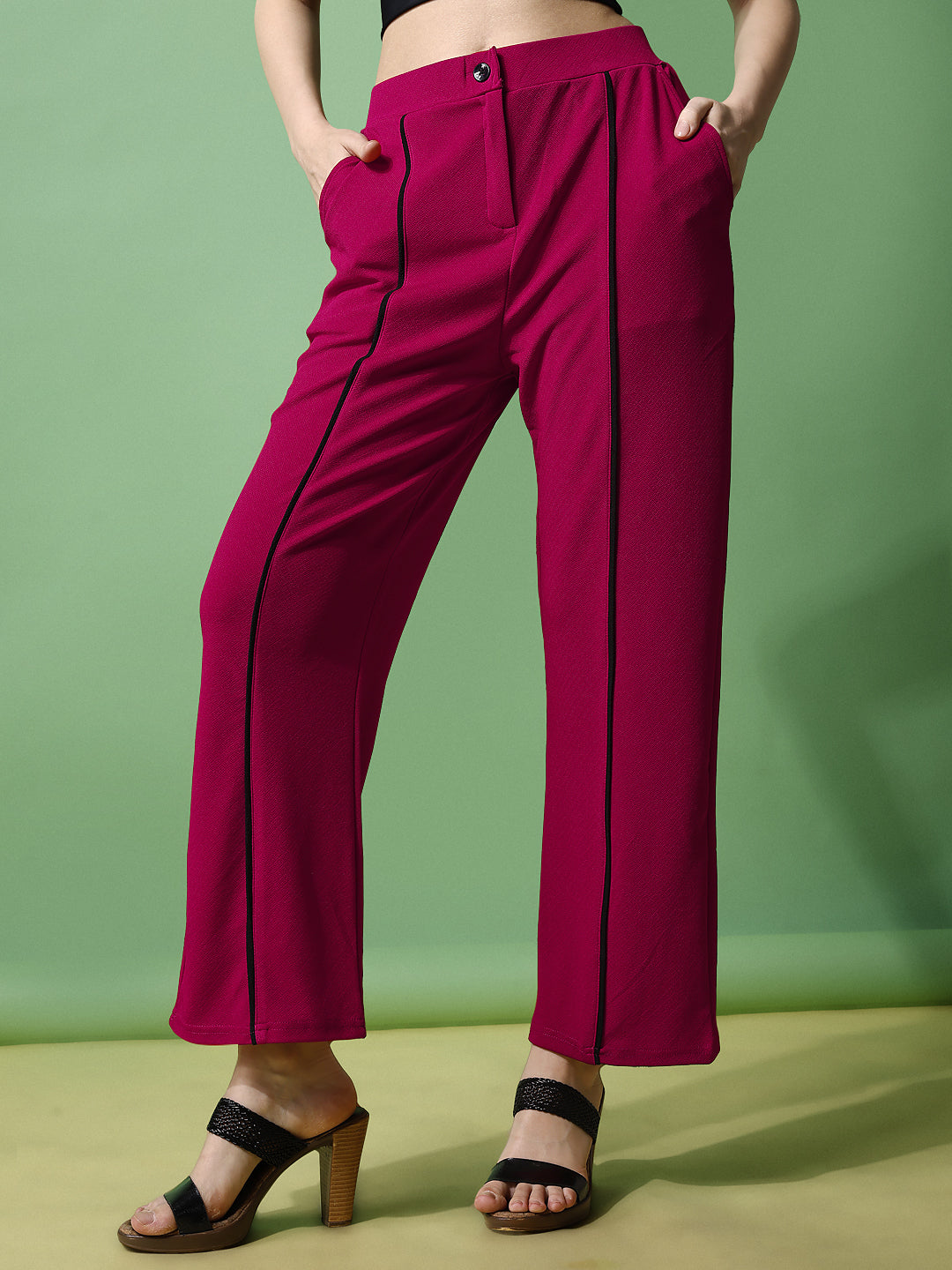 Women's Trousers Pink Black Stripes Polycotton Regular Fit Ankle Length - 3
