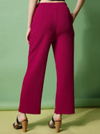 Women's Trousers Pink Black Stripes Polycotton Regular Fit Ankle Length - 4