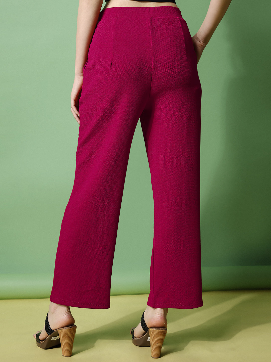 Women's Trousers Pink Black Stripes Polycotton Regular Fit Ankle Length - 4