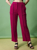 Women's Trousers Pink Black Stripes Polycotton Regular Fit Ankle Length - 5