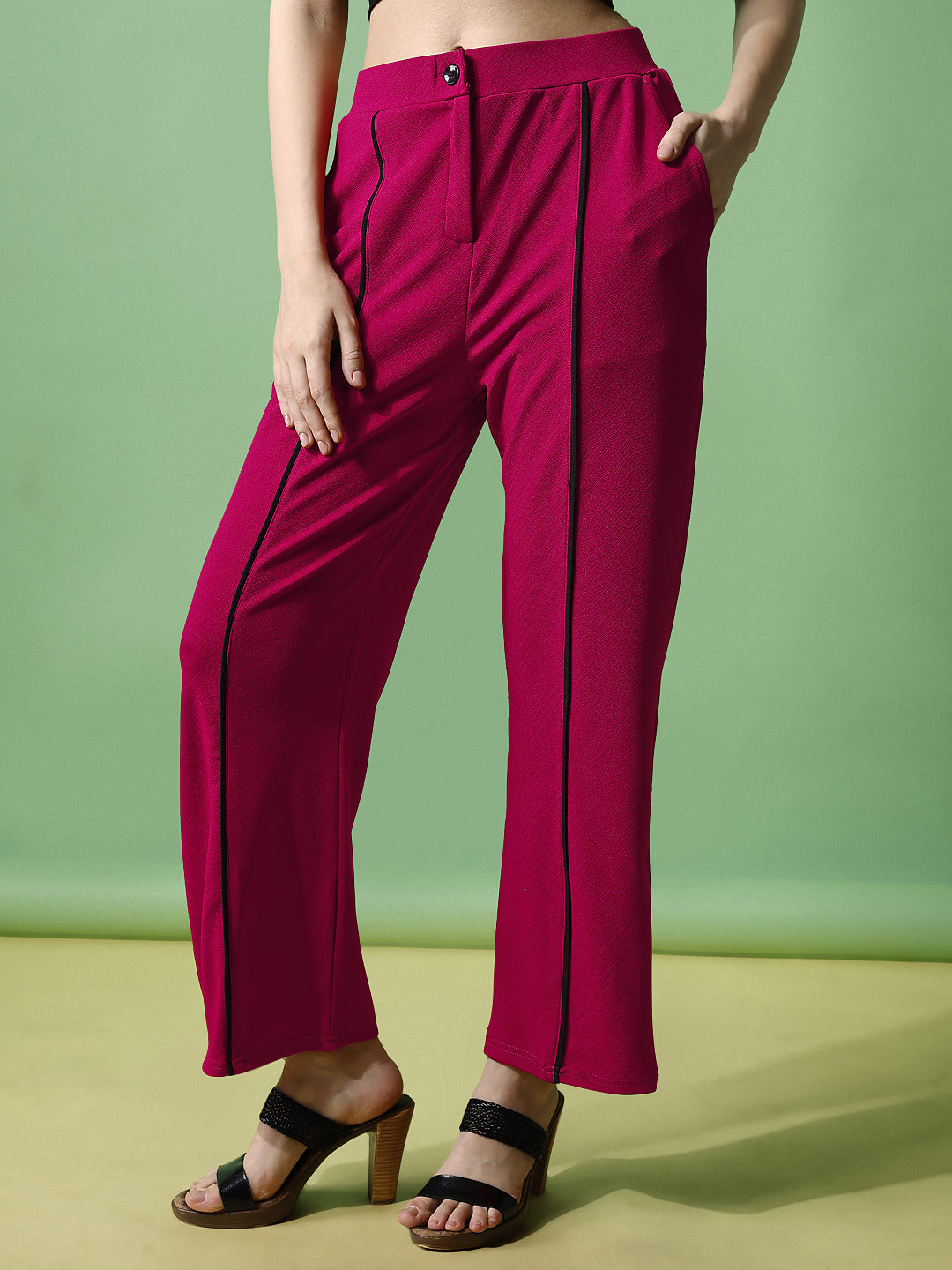Women's Trousers Pink Black Stripes Polycotton Regular Fit Ankle Length - 6