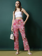 Women's Palazzo Pants Pink White Polycotton High-Rise Trousers - 1