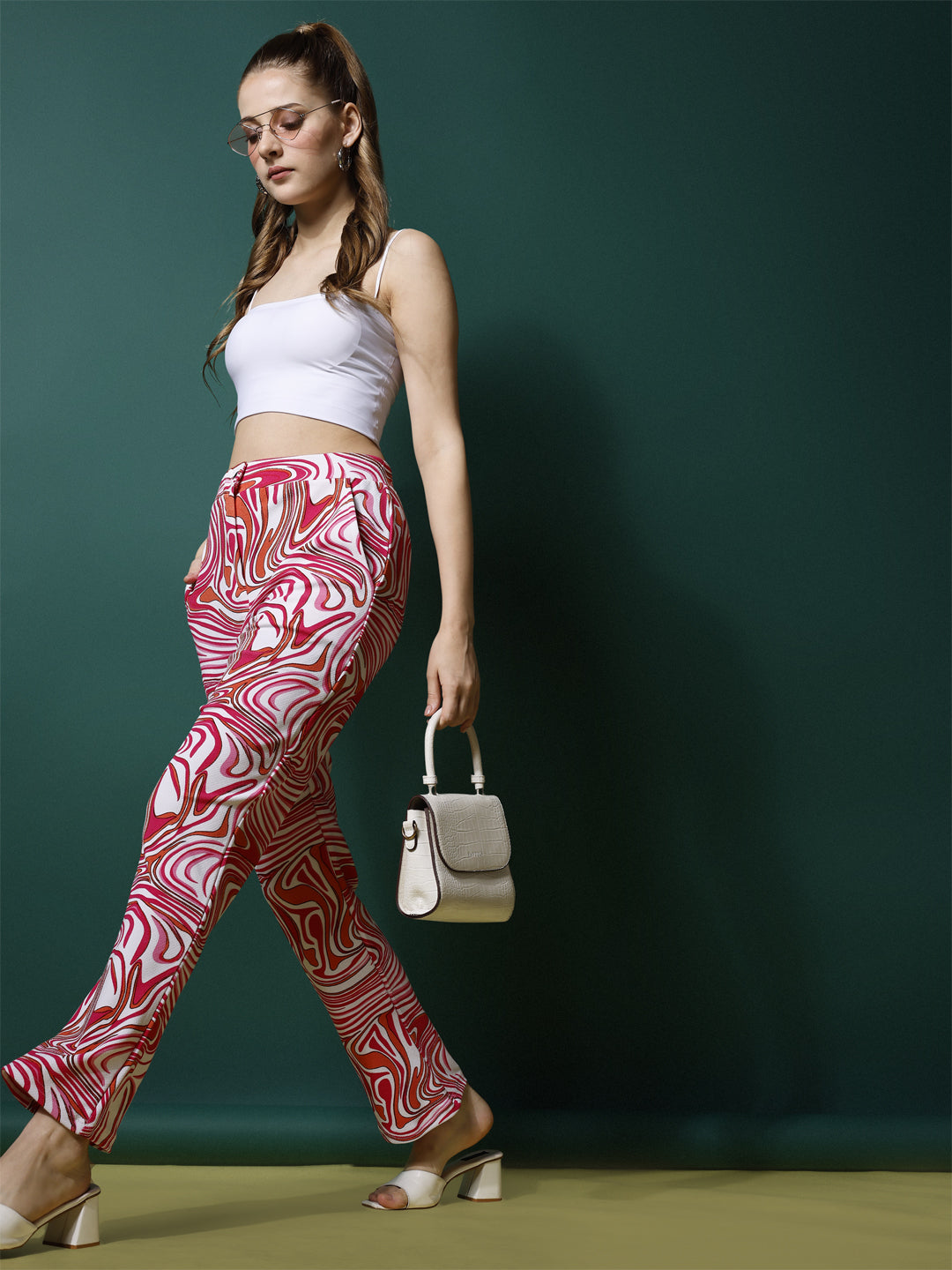 Women's Palazzo Pants Pink White Polycotton High-Rise Trousers - 2