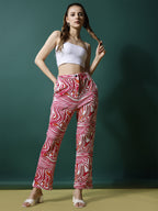 Women's Palazzo Pants Pink White Polycotton High-Rise Trousers - 3