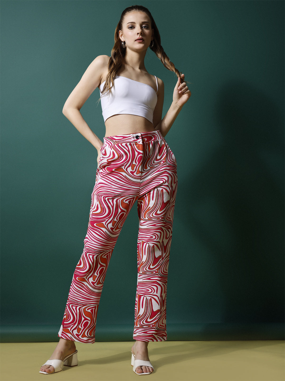Women's Palazzo Pants Pink White Polycotton High-Rise Trousers - 3
