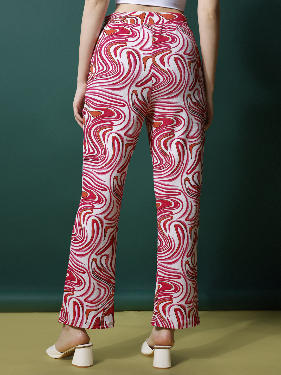 Women's Palazzo Pants Pink White Polycotton High-Rise Trousers - 4