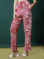 Women's Palazzo Pants Pink White Polycotton High-Rise Trousers - 5
