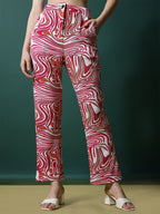 Women's Palazzo Pants Pink White Polycotton High-Rise Trousers - 6