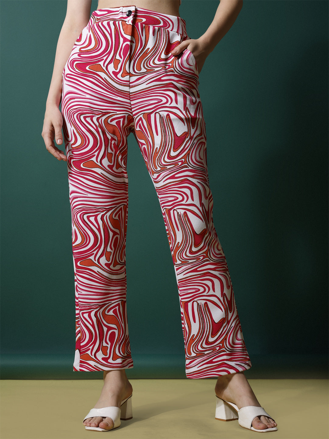Women's Palazzo Pants Pink White Polycotton High-Rise Trousers - 6
