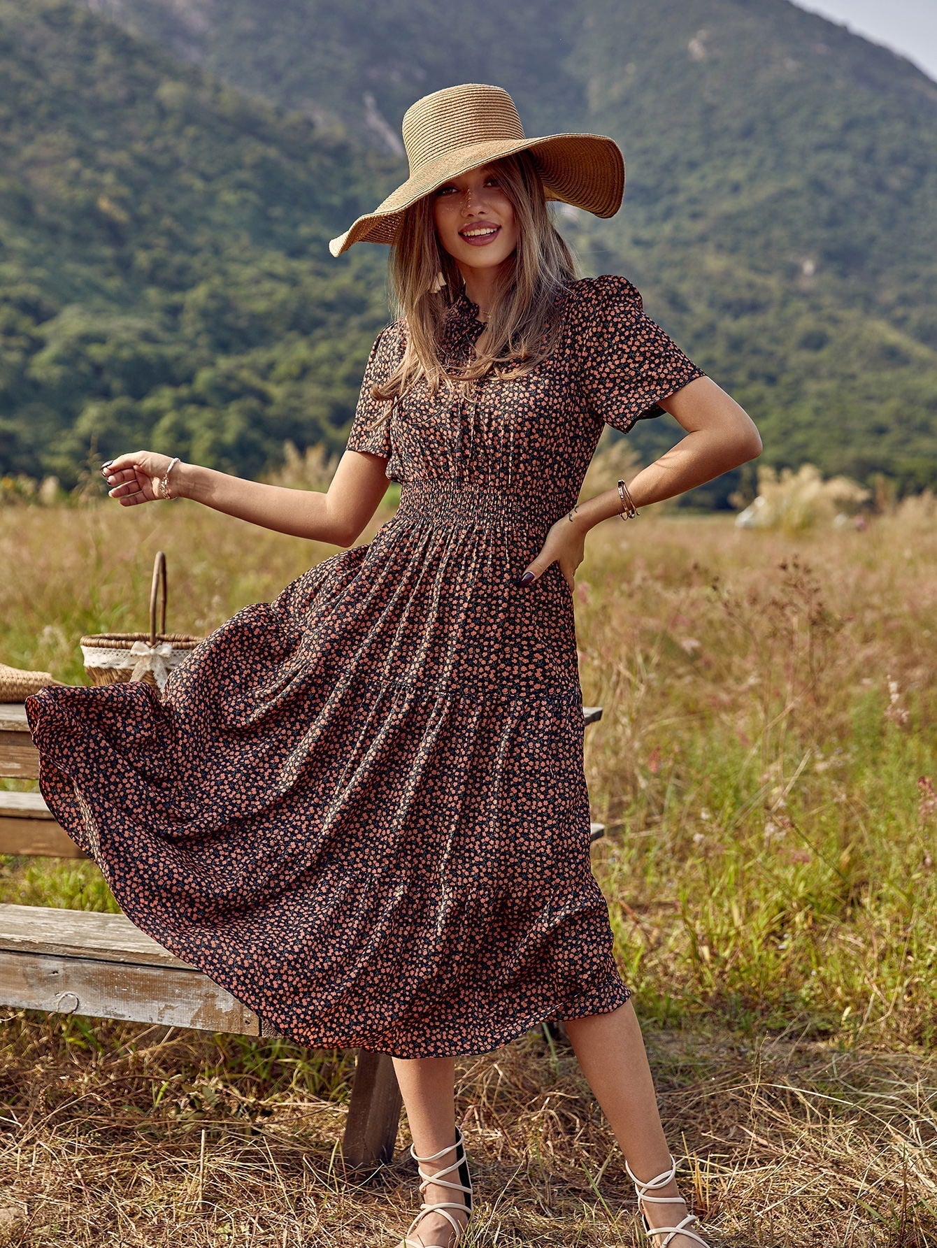 Women Mandarin Blooms Printed Crepe Dress 0