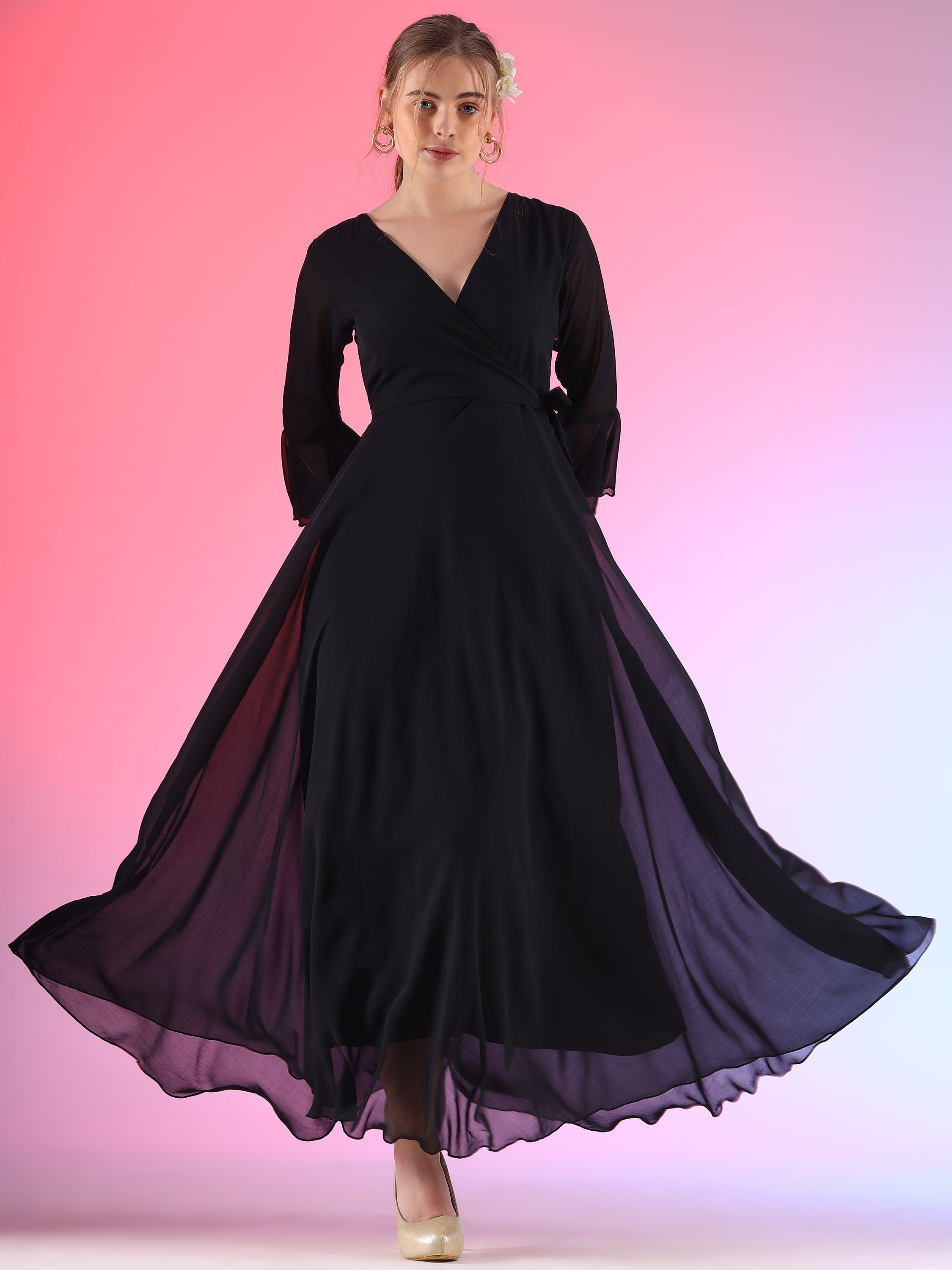 Women Solid V-Neck Flare Sleeve Fit and Flare Maxi Dress 0