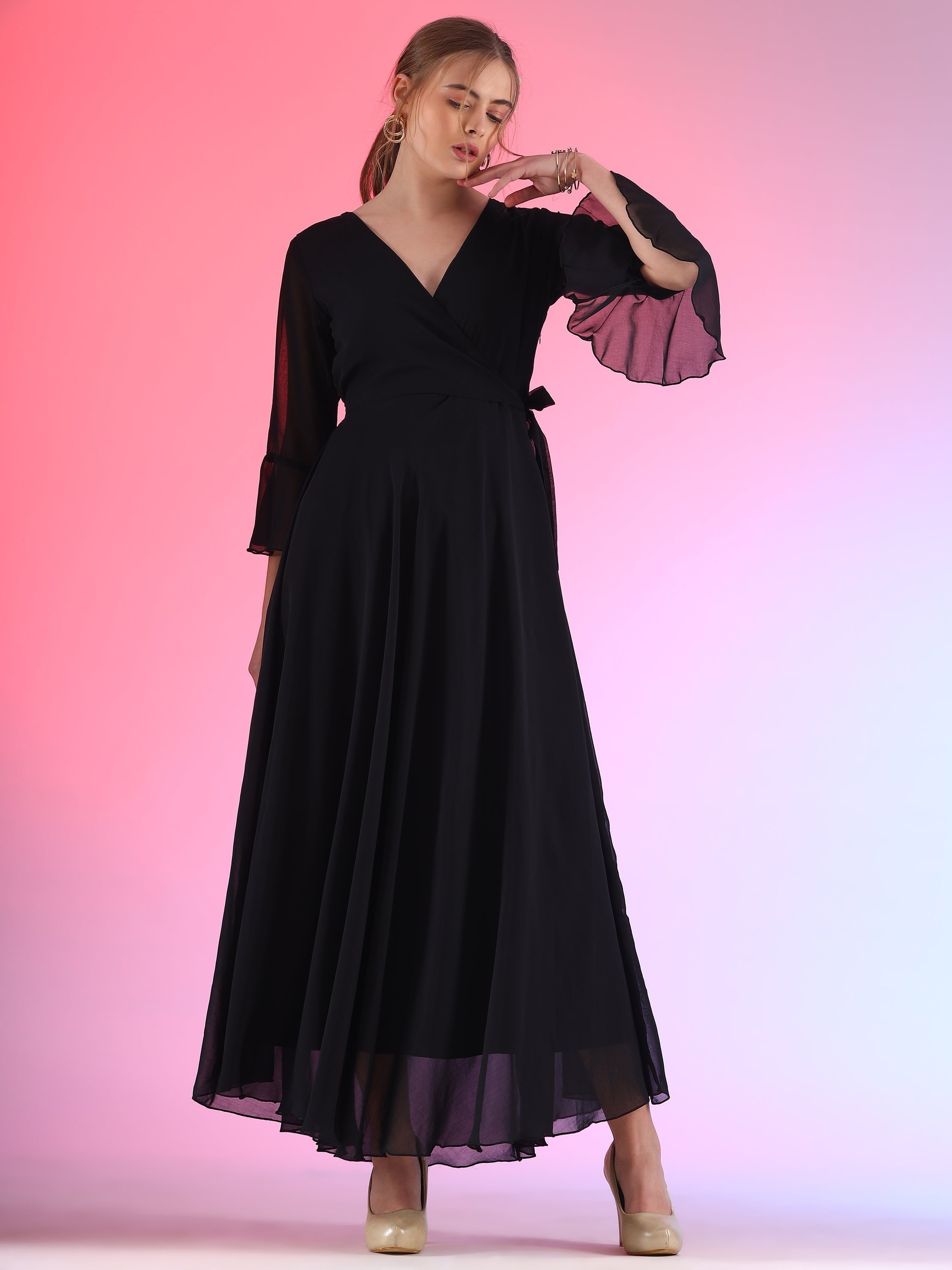 Women Solid V-Neck Flare Sleeve Fit and Flare Maxi Dress 2
