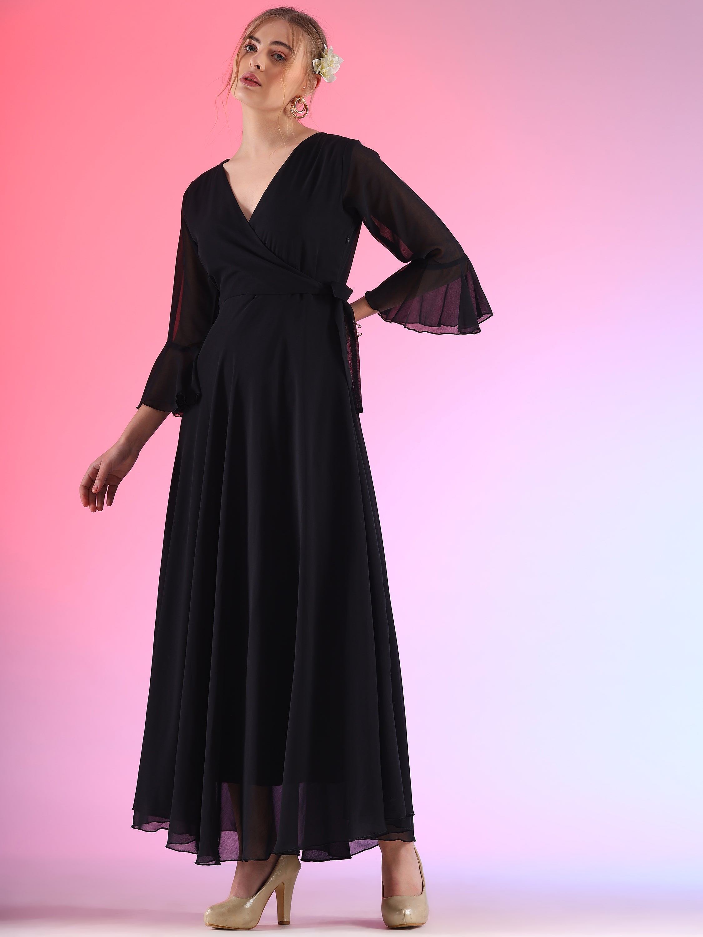 Women Solid V-Neck Flare Sleeve Fit and Flare Maxi Dress 3