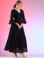 Women Solid V-Neck Flare Sleeve Fit and Flare Maxi Dress 4