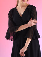 Women Solid V-Neck Flare Sleeve Fit and Flare Maxi Dress 5