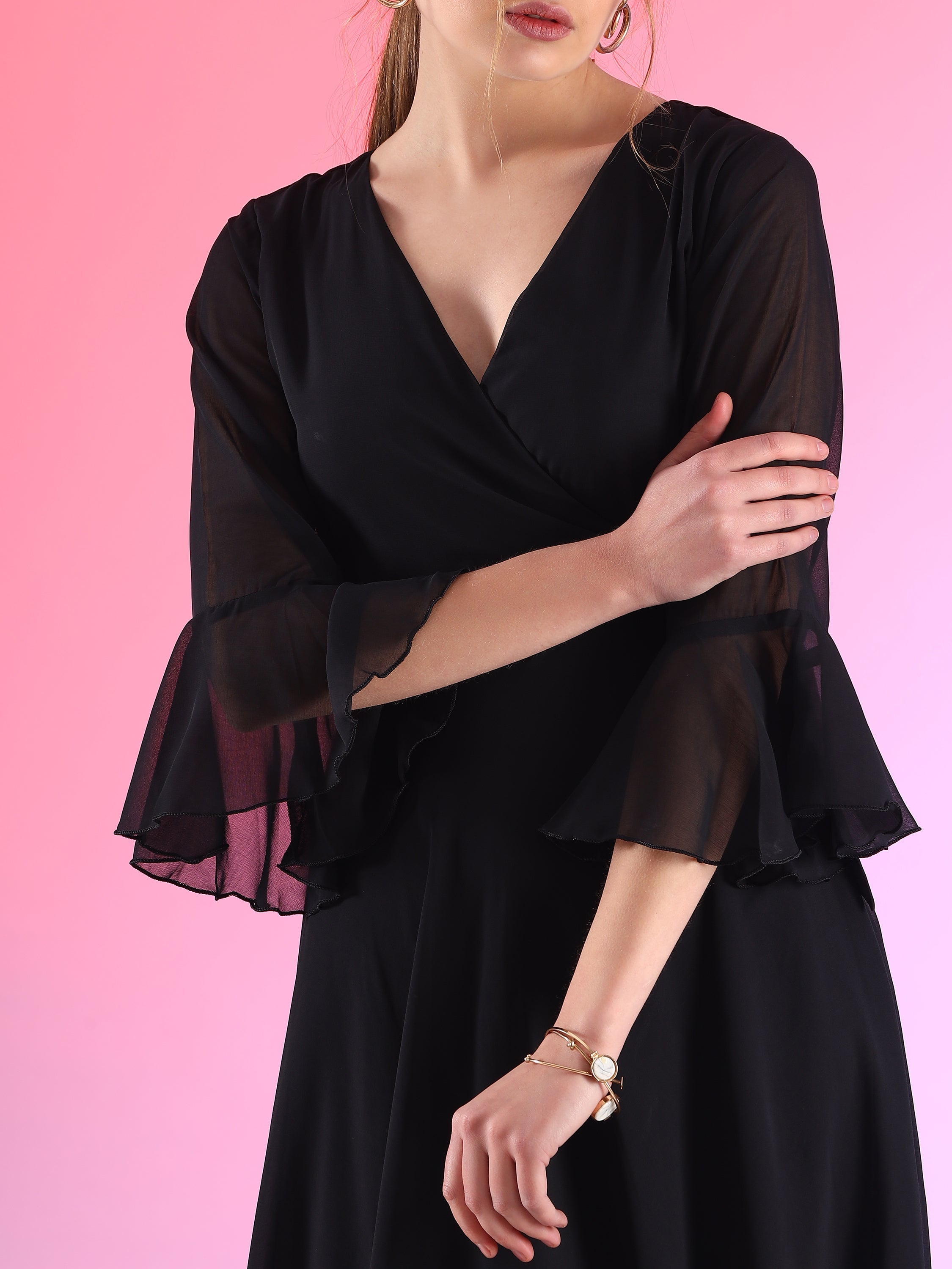 Women Solid V-Neck Flare Sleeve Fit and Flare Maxi Dress 5