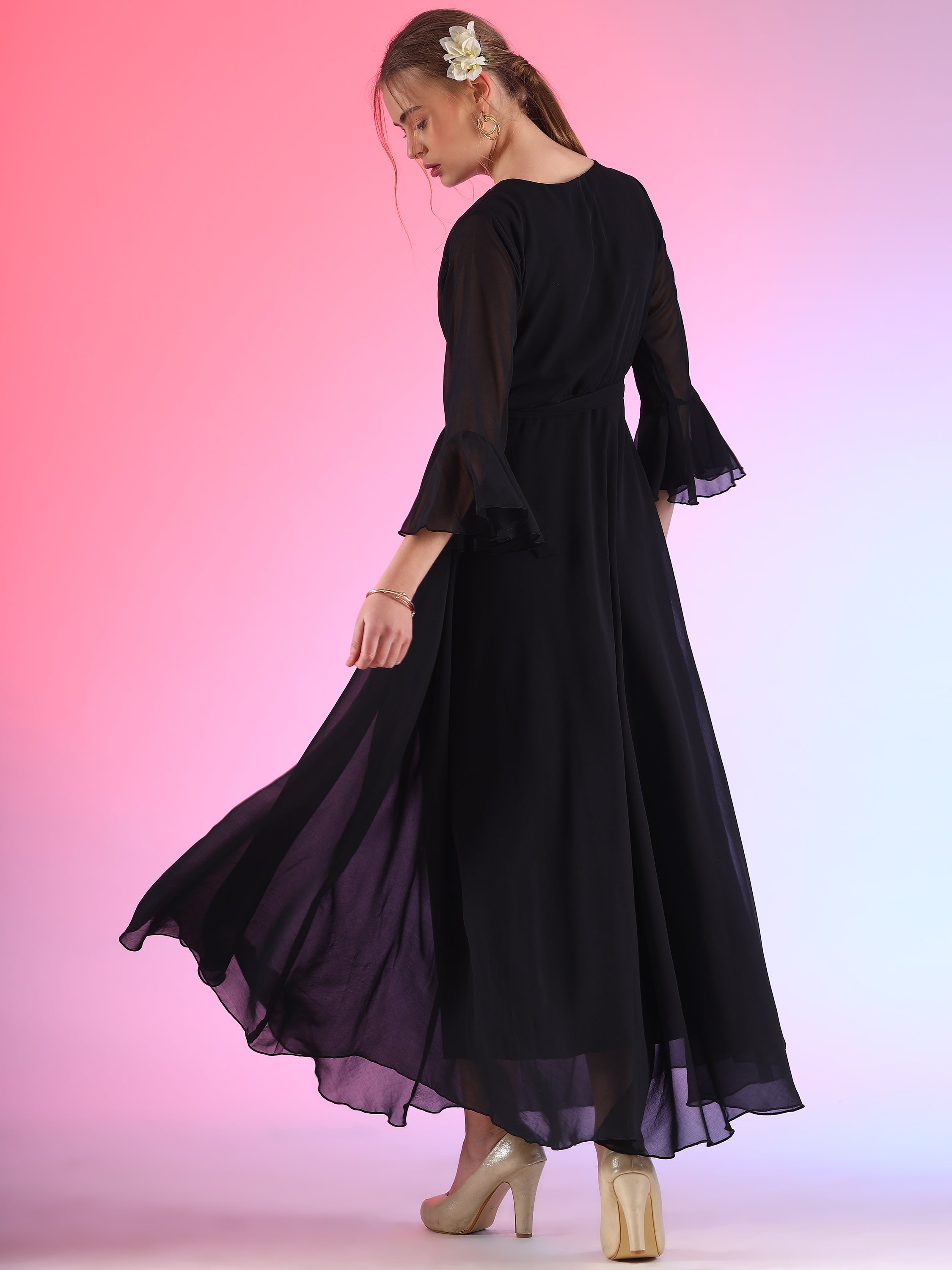Women Solid V-Neck Flare Sleeve Fit and Flare Maxi Dress 6
