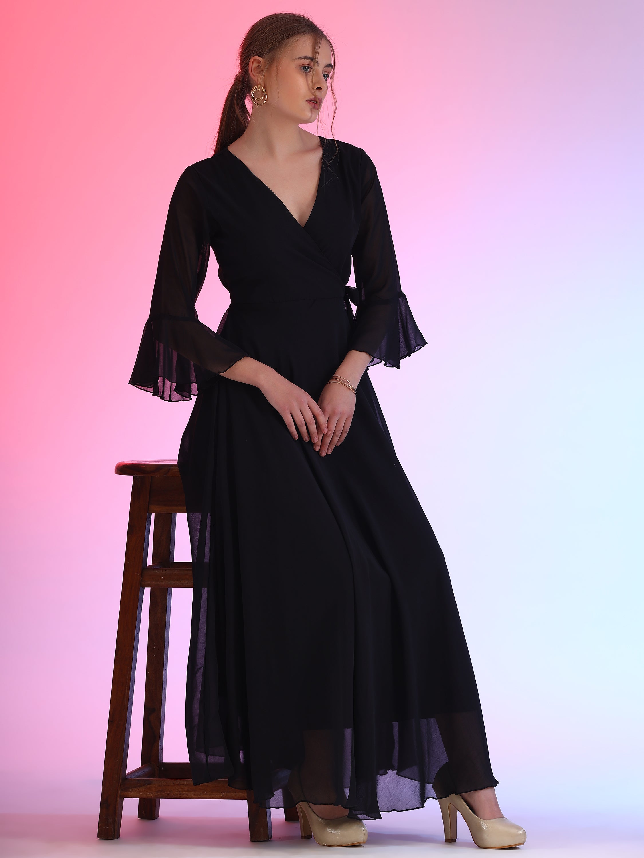 Women Solid V-Neck Flare Sleeve Fit and Flare Maxi Dress 7
