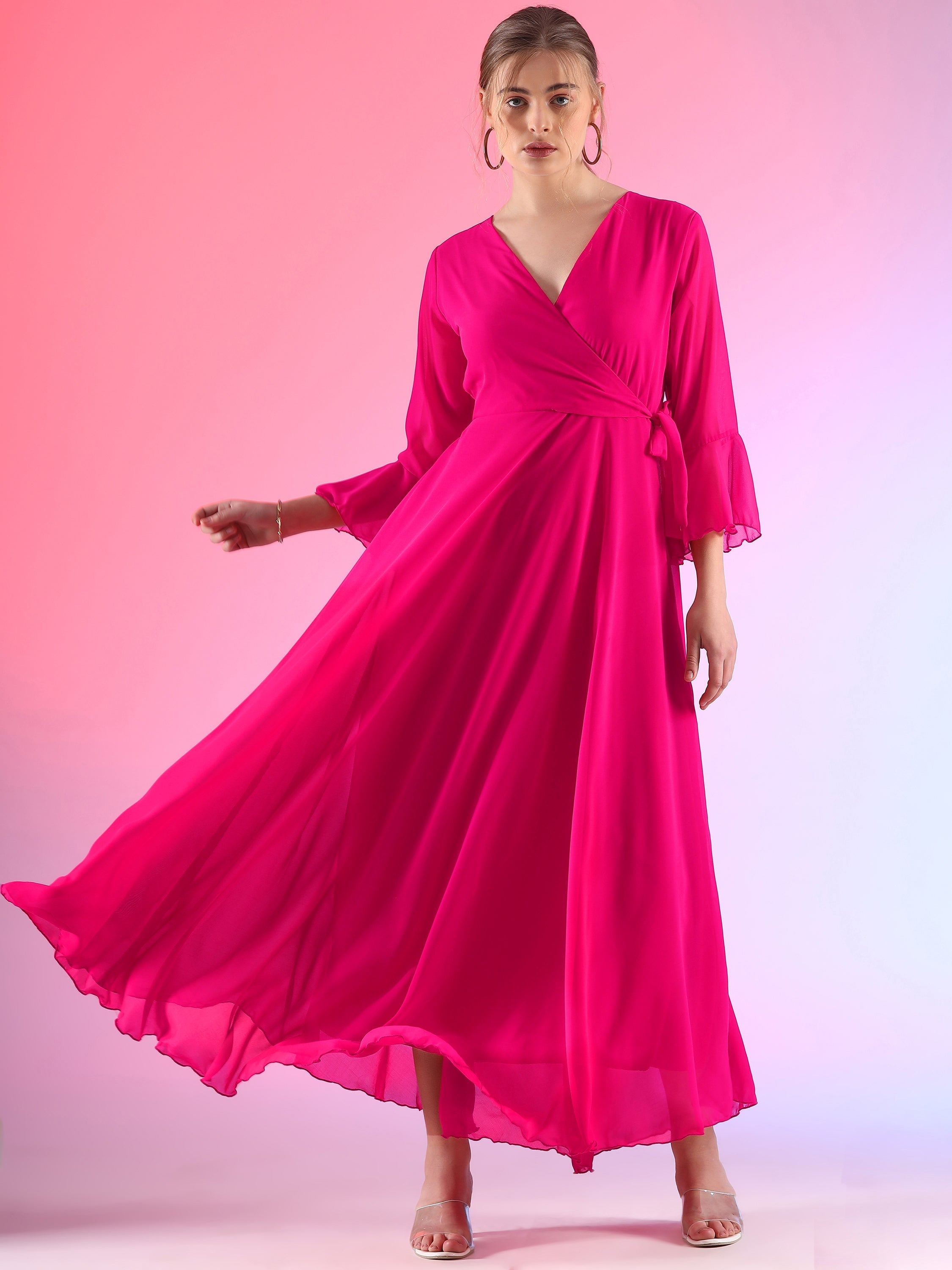 Women Solid V-Neck Flare Sleeve Fit and Flare Maxi Dress 8