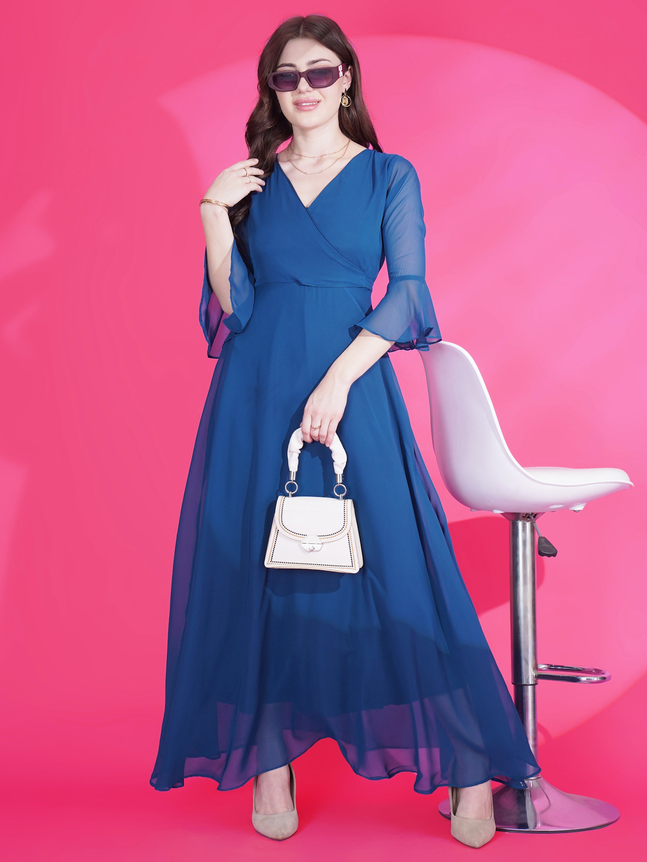 Women Solid V-Neck Flare Sleeve Fit and Flare Maxi Dress 9