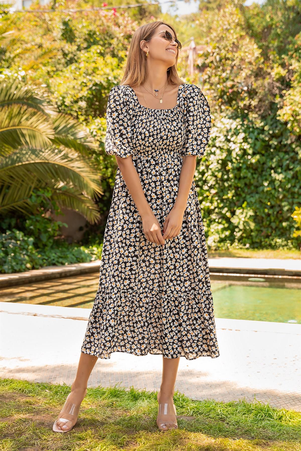 Women Square Neck Smoking Maxi Dress 2