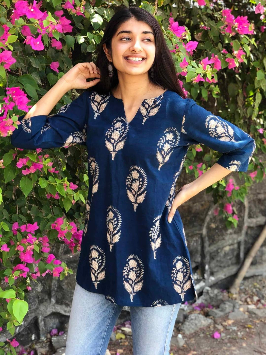Women Trendy Floral Fashionable block print Blue Kurti