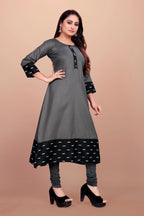 Women Solid Flared Round Neck Cotton Grey Gown