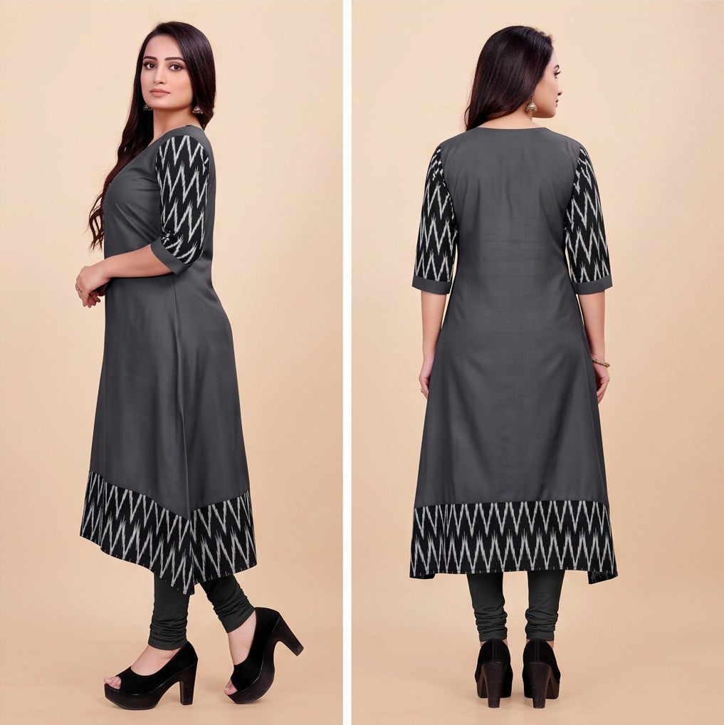 Women Solid Flared Round Neck Cotton Grey Gown