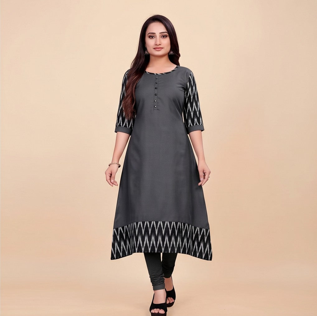 Women Solid Flared Round Neck Cotton Grey Gown