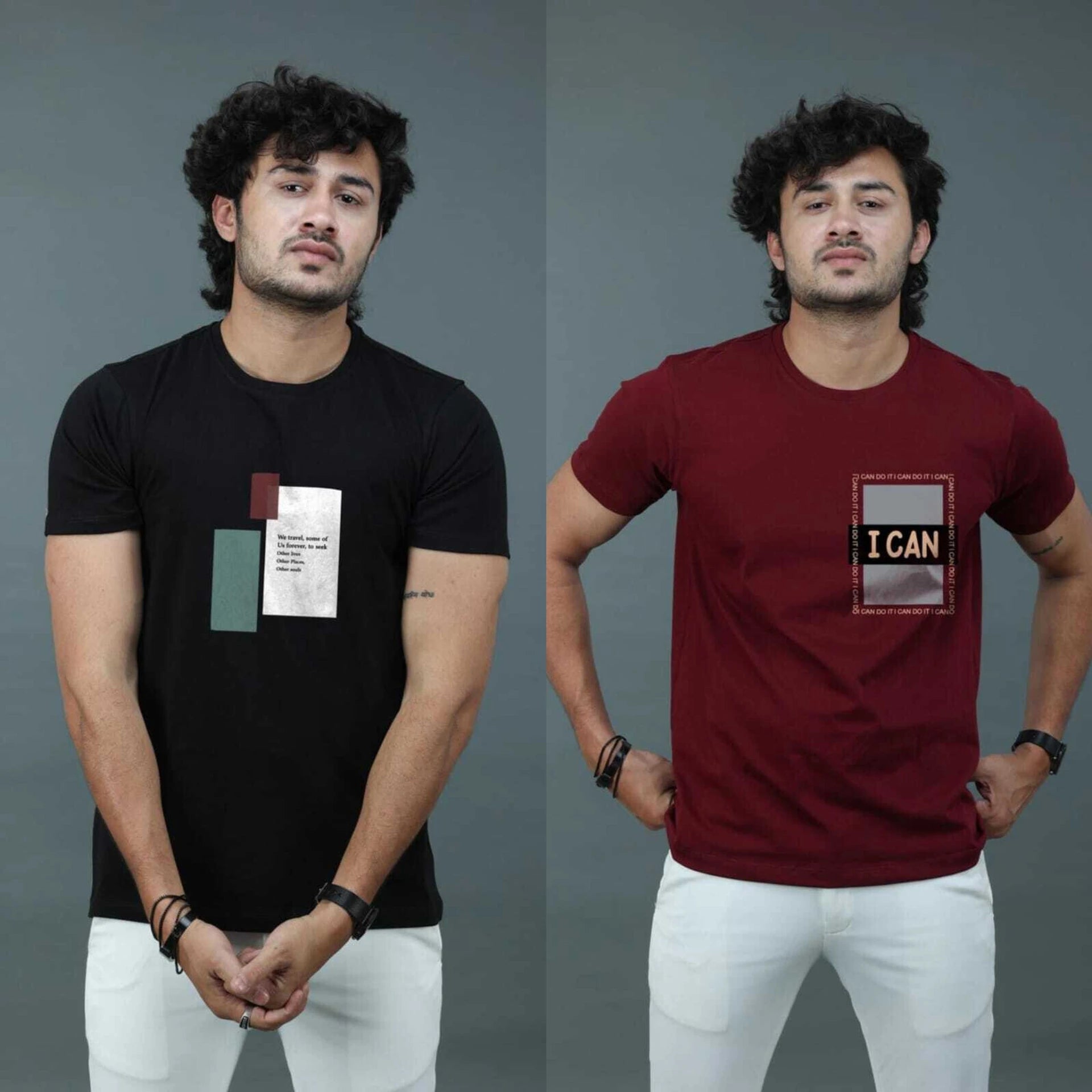 Men Graphic Print Round Neck Cotton Blend Black and Maroon T-Shirt -Pack of 2