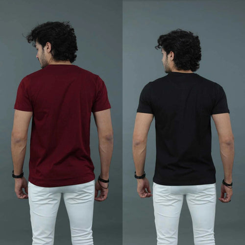 Men Graphic Print Round Neck Cotton Blend Black and Maroon T-Shirt -Pack of 2