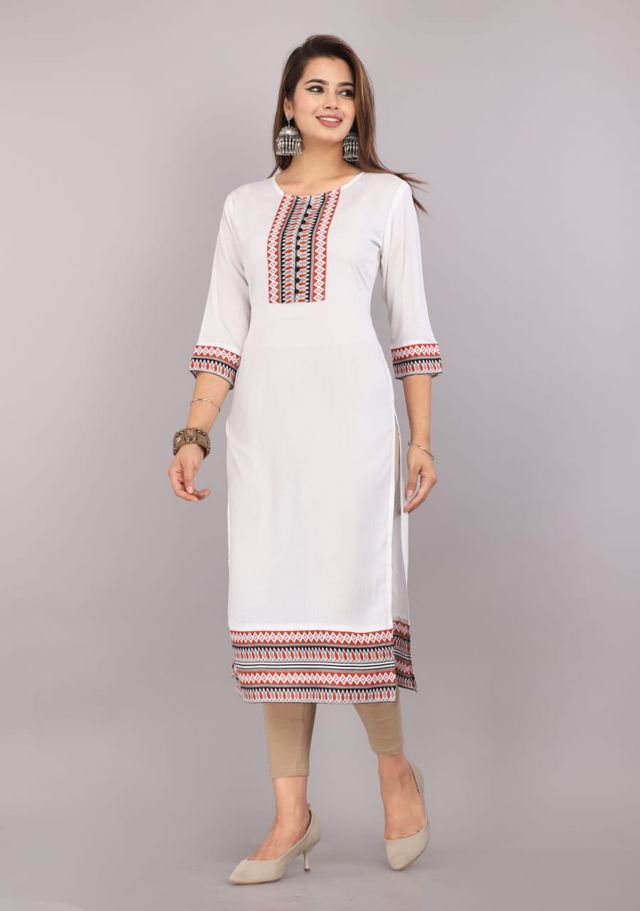 Women Floral Print Straight White Kurti