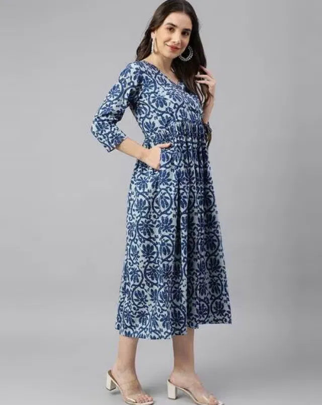 Women Floral Print V-Neck Flared Maxi Dress