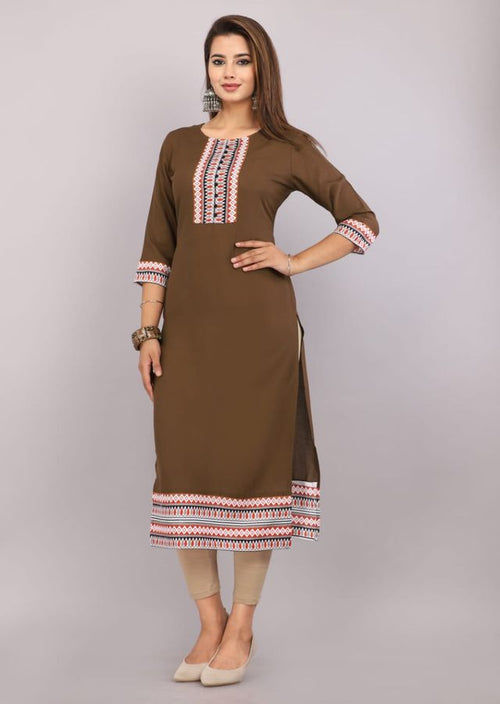 Women Floral Print Straight Mocha Brown Kurti
