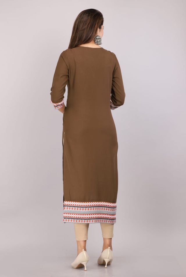 Women Floral Print Straight Mocha Brown Kurti