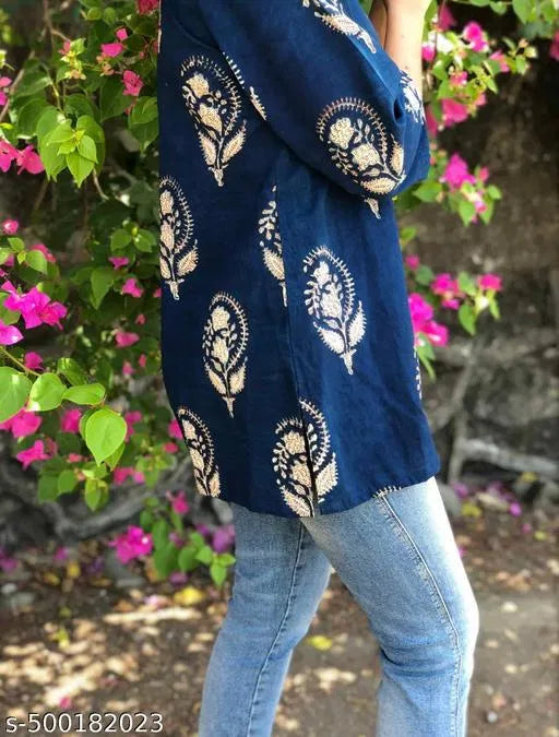 Women Trendy Floral Fashionable block print Blue Kurti