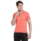 Men's Light Red Polo Collar Cotton Blend T-Shirt