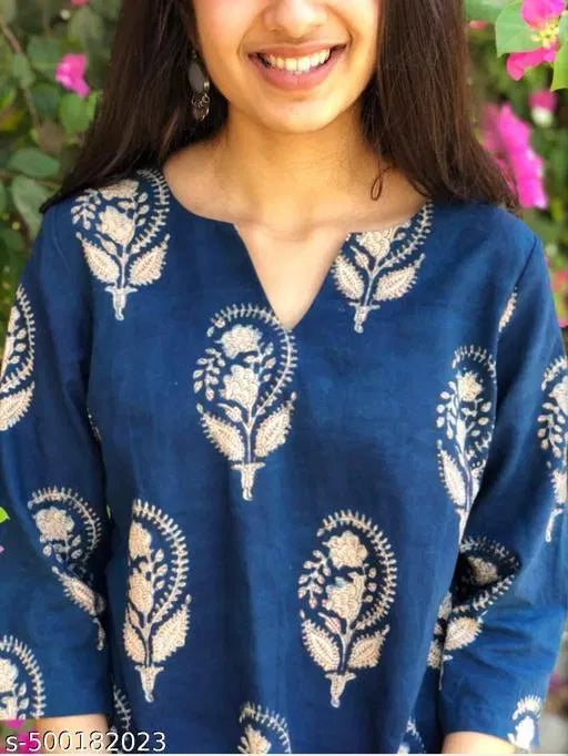 Women Trendy Floral Fashionable block print Blue Kurti