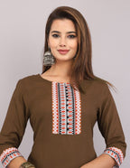 Women Floral Print Straight Mocha Brown Kurti