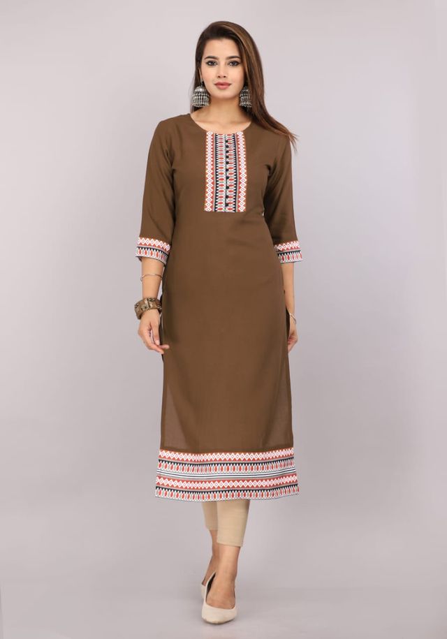 Women Floral Print Straight Mocha Brown Kurti