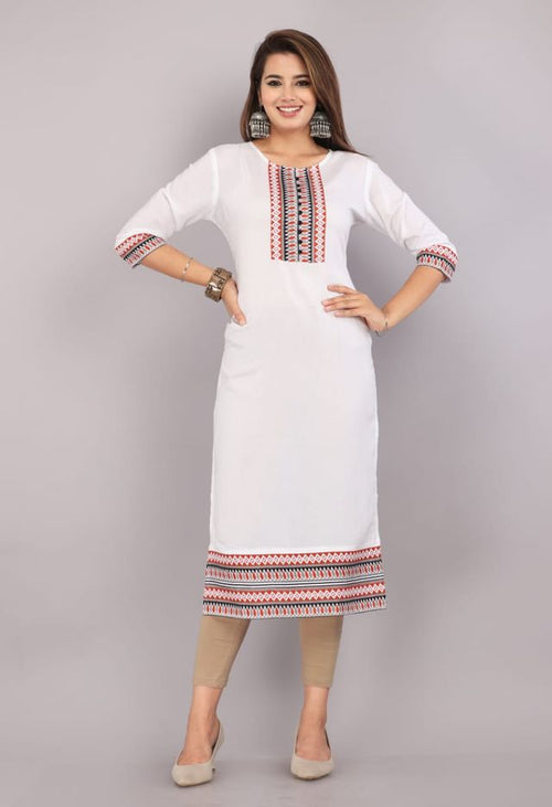Women Floral Print Straight White Kurti