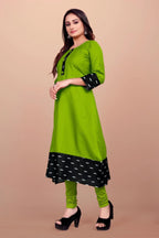 Women Solid Flared Round Neck Cotton Green Gown